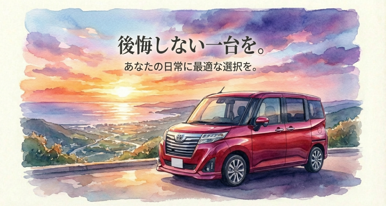 ルーミー選びで後悔しない一台を選ぶという結論を表現したスライド。夕景の道路と赤いルーミーのイラストが描かれている。