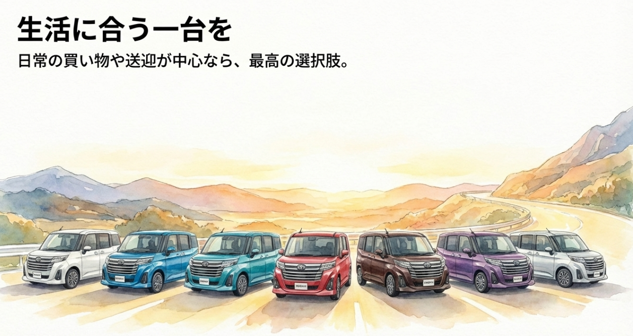 ルーミーが日常の買い物や送迎に適した一台であることをまとめたスライド。生活スタイルに合えば満足度が高いことを示している