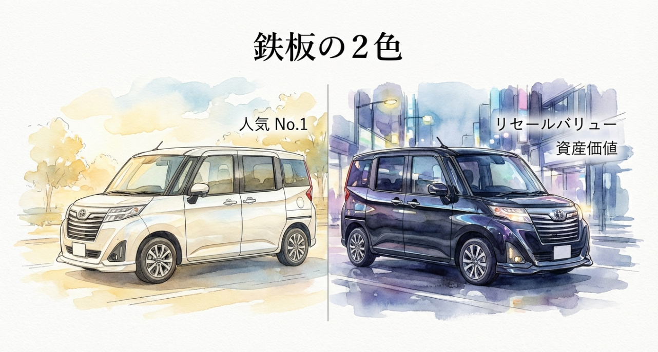 ルーミーの鉄板色として白と黒を比較し、白は人気No.1、黒は資産価値とリセールを示す図