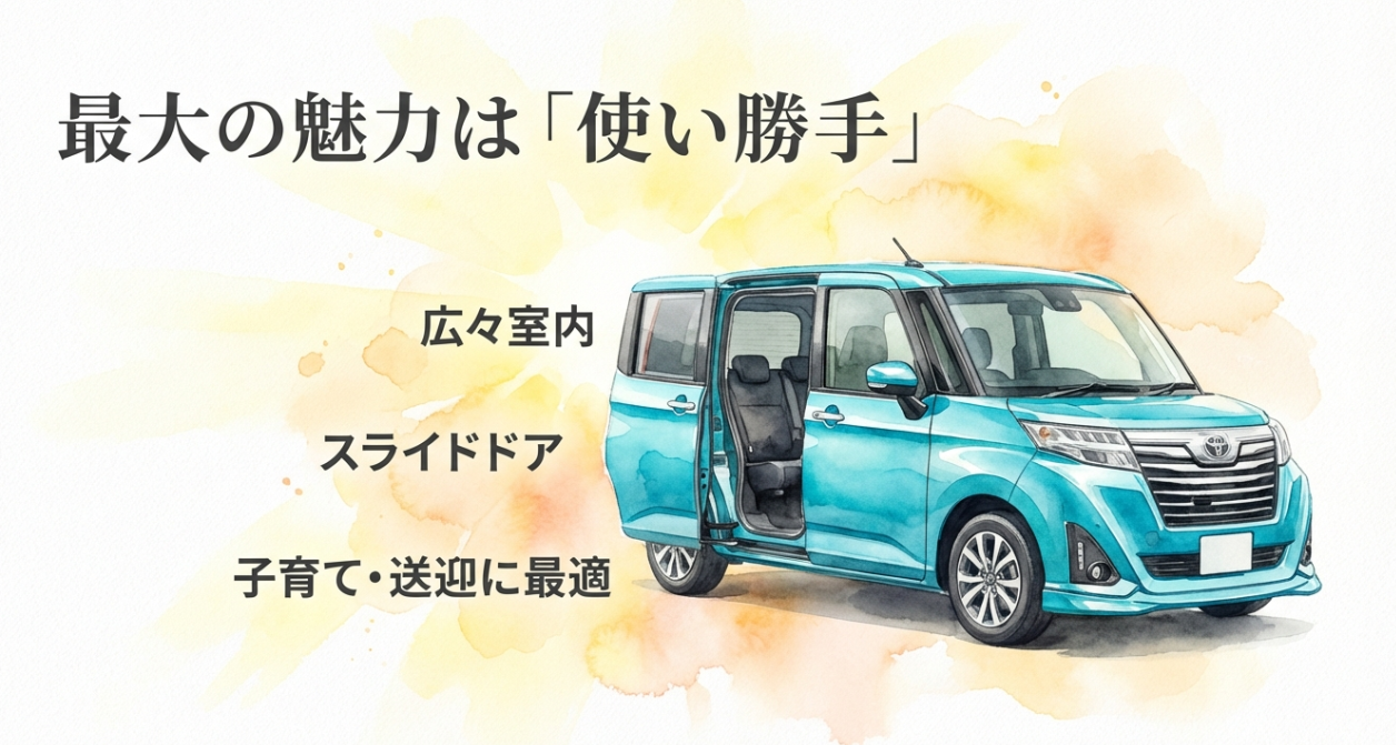 ルーミーの最大の魅力が使い勝手であり、広い室内やスライドドア、子育てや送迎での利便性を示すスライド