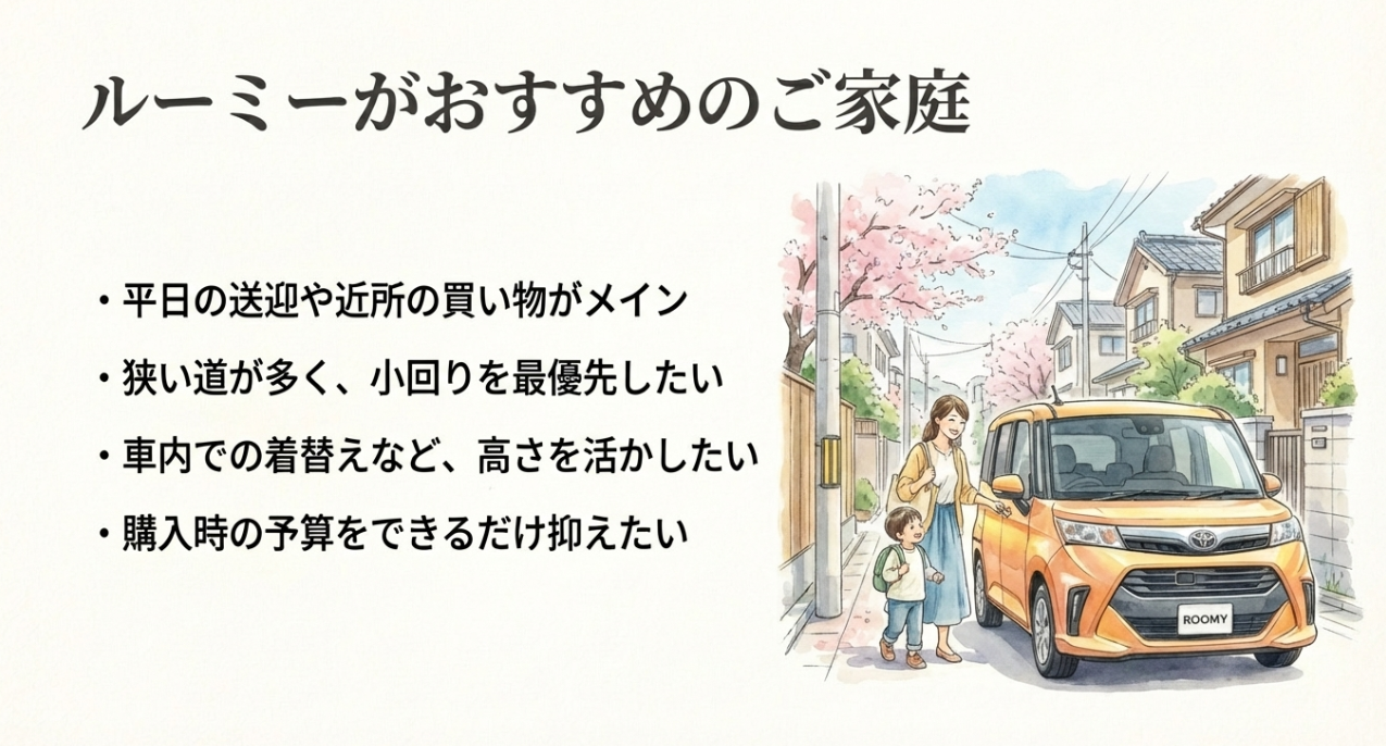 ルーミーがおすすめの家庭像をまとめたスライド。送迎や買い物中心で、小回りや予算重視の家庭に向く内容