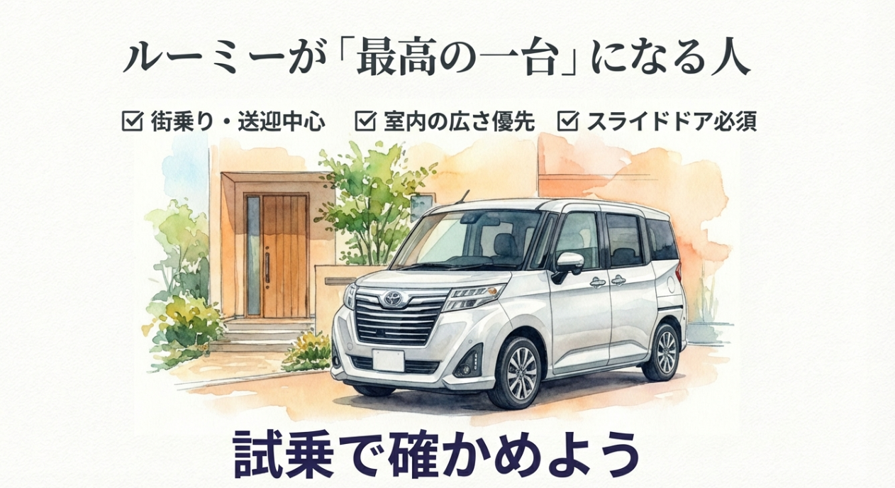 街乗りや送迎中心で室内の広さとスライドドアを重視する人にルーミーが向いていることを示すスライド