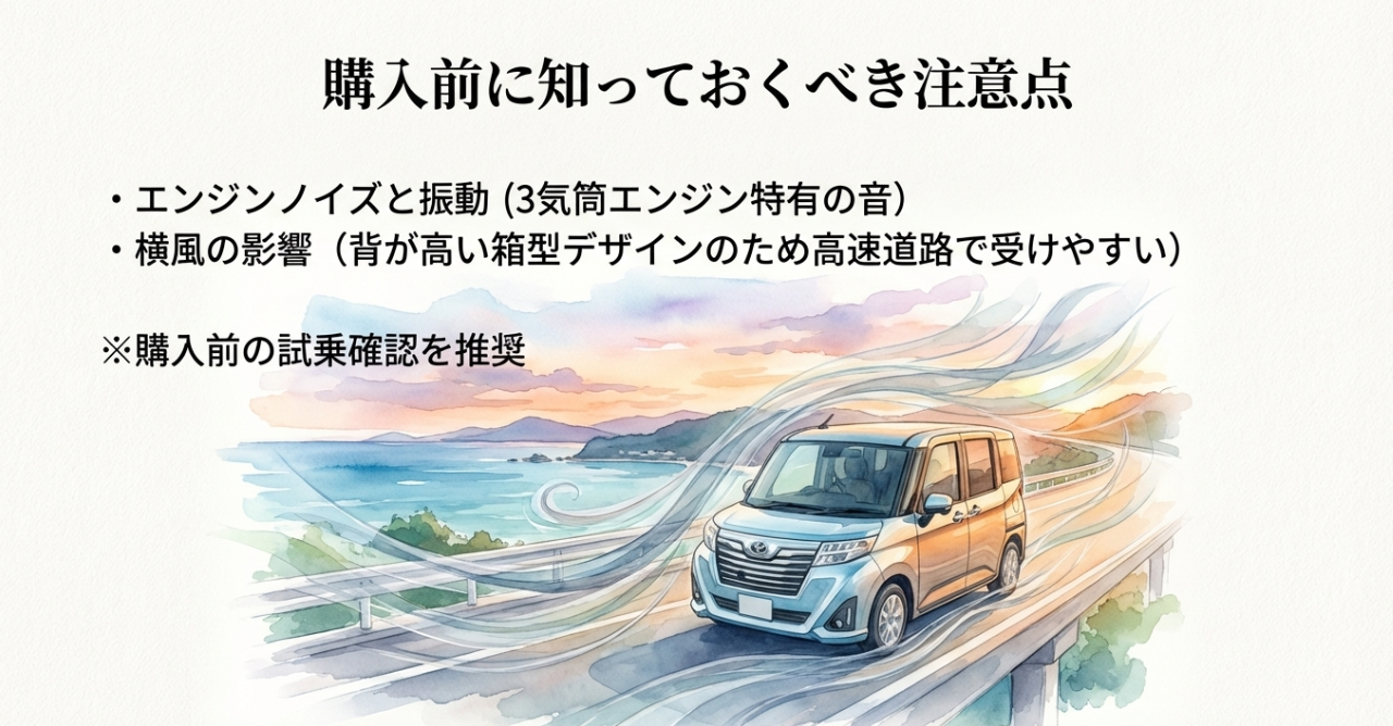 購入前の注意点をまとめたスライド。3気筒エンジン特有のノイズや振動、高速道路での横風の影響、試乗確認の重要性が示されている