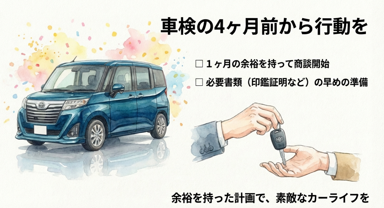 ルーミー購入時は車検の4ヶ月前から行動すべきと伝えるスライド。商談開始の余裕と必要書類の早期準備を促している