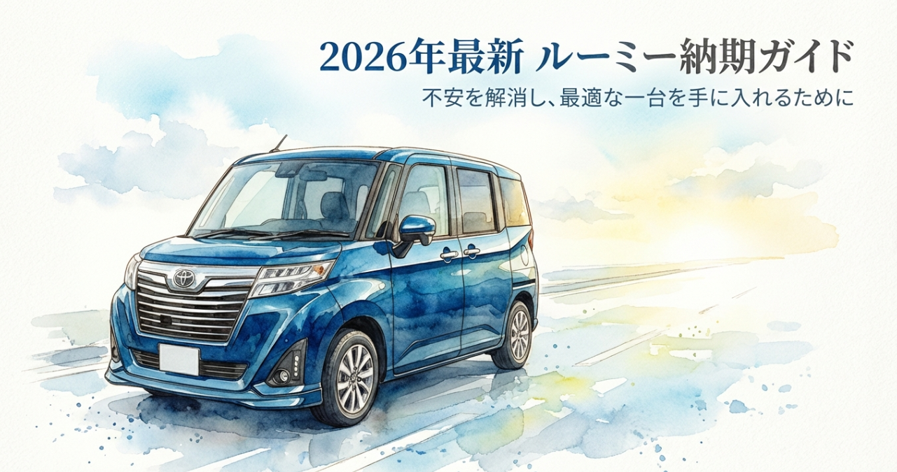 2026年最新のルーミー納期ガイドの表紙スライド。青いルーミーのイラストと、納期の不安解消をテーマにしたビジュアル