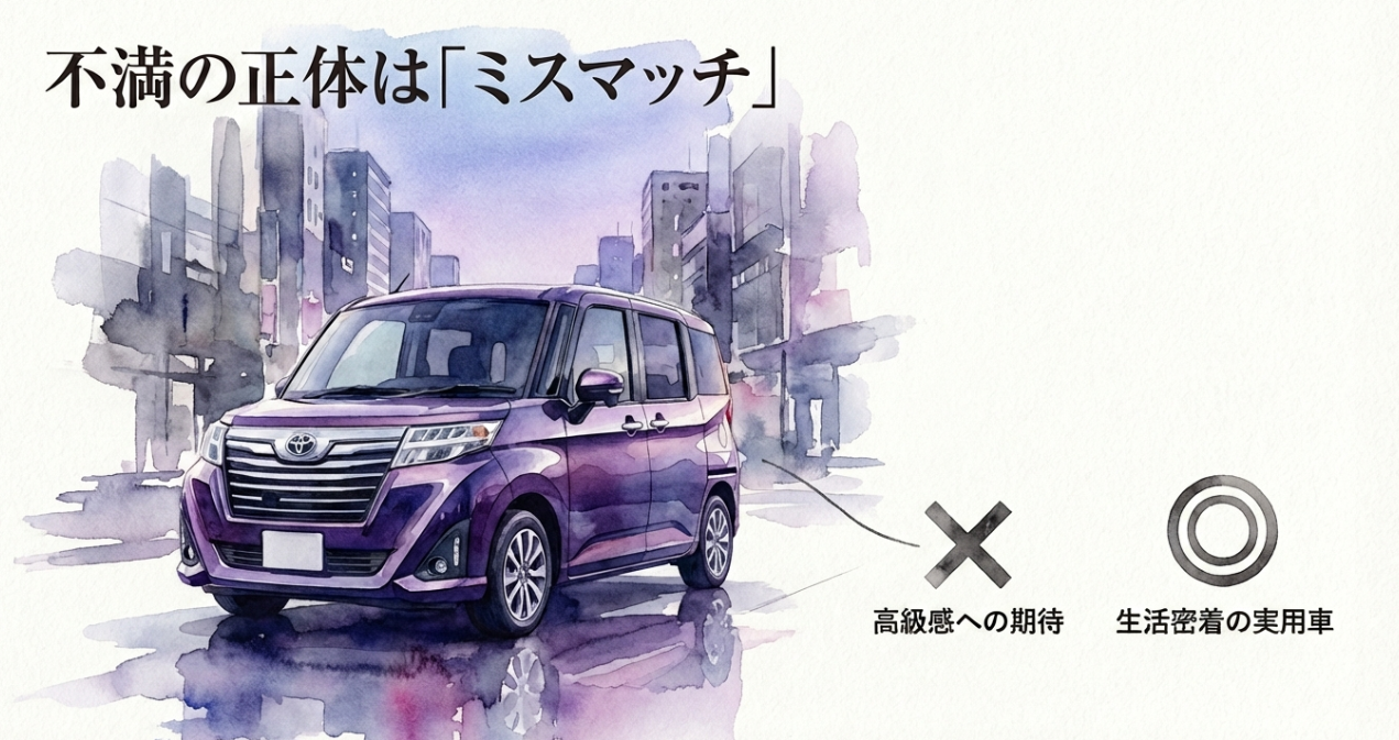 ルーミーへの不満は高級感への期待と生活密着の実用車という性格のミスマッチにあることを示すスライド