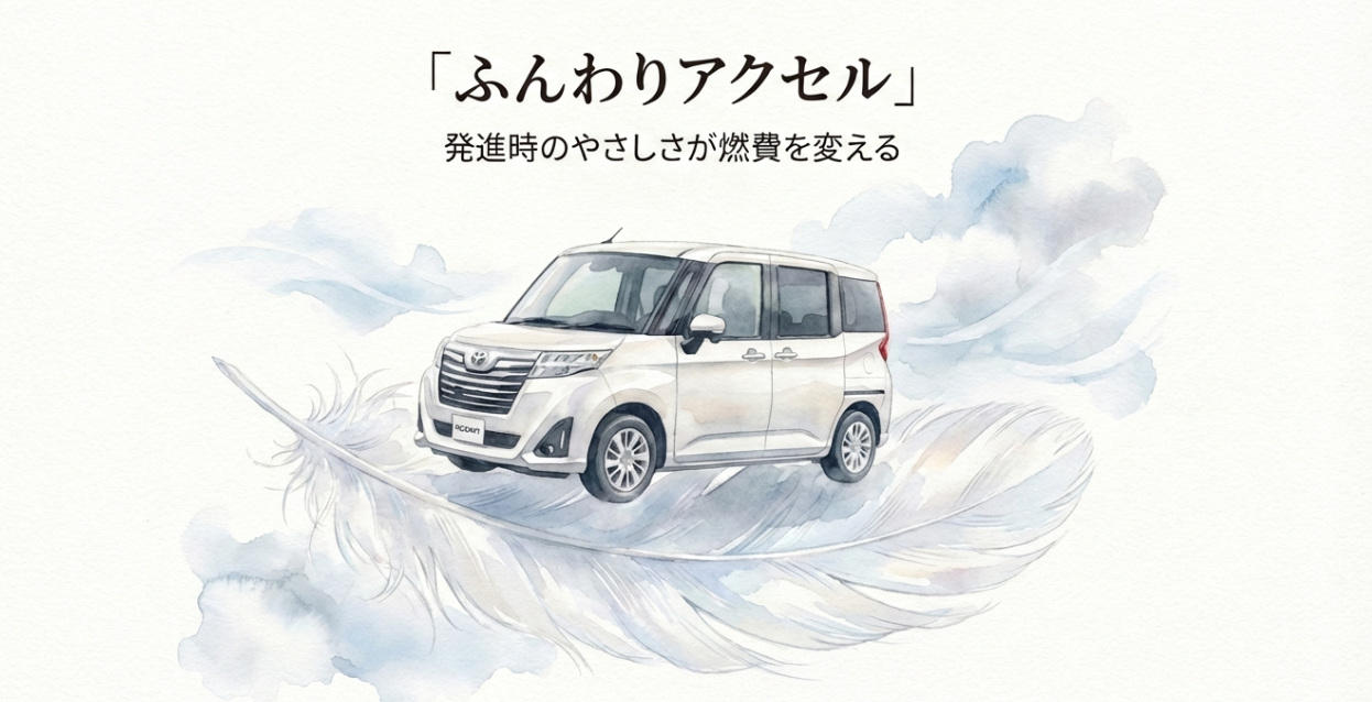 ルーミーの燃費改善のコツとして、ふんわりアクセルを紹介するスライド