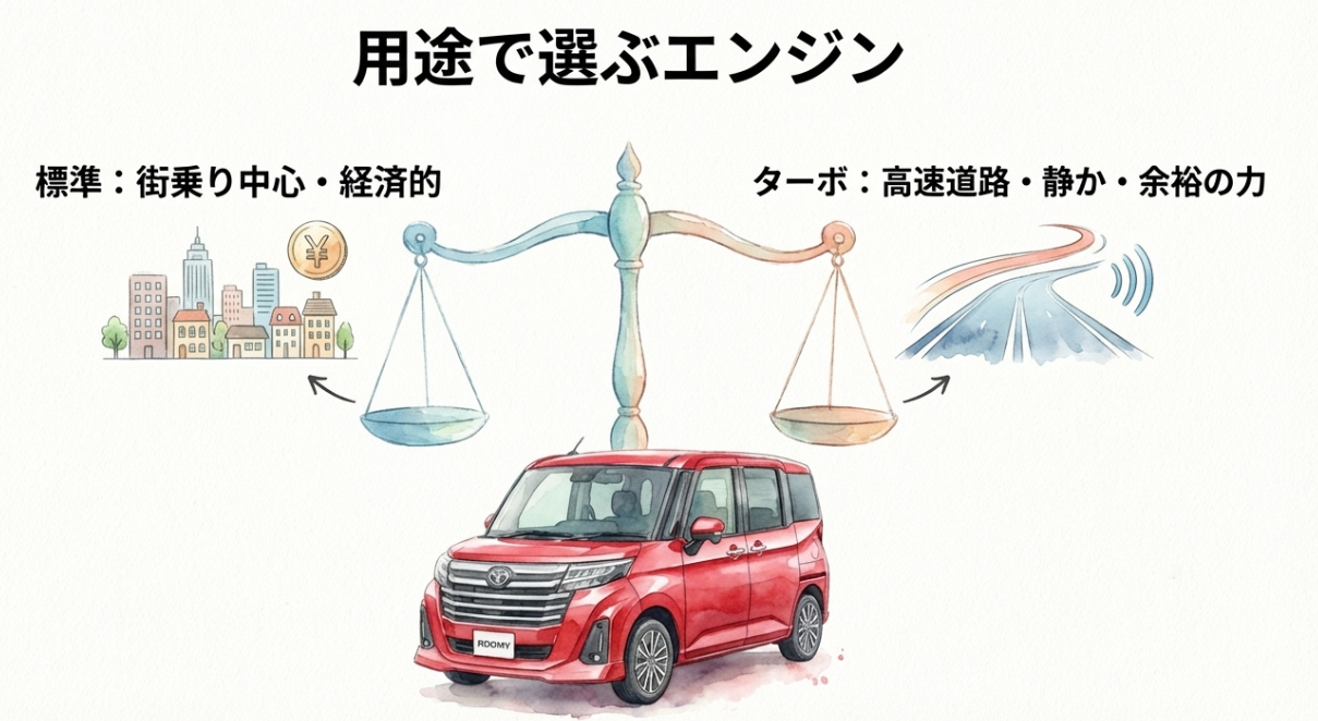 ルーミーの標準エンジンとターボ車の違いを比較したスライド。街乗り重視なら標準、高速道路や静粛性を重視するならターボが向くことを示している