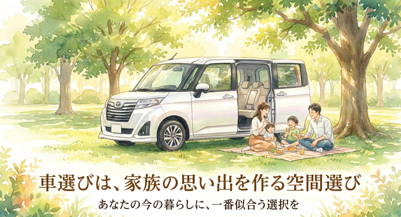 白いルーミーと家族が公園で過ごす様子を通じて、車選びは家族の思い出を作る空間選びであることを表現したまとめ用スライド