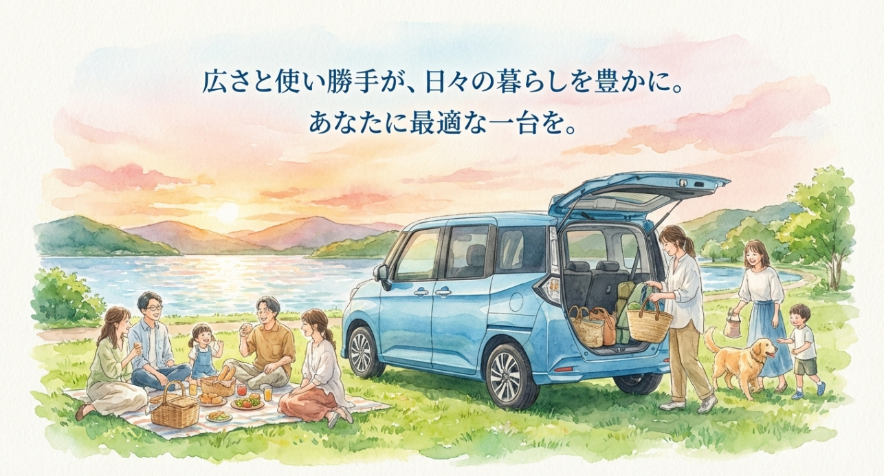 ルーミーの広さと使い勝手をイメージさせる締めの画像。湖畔で家族が荷物を積み下ろししながら過ごしている様子が描かれている