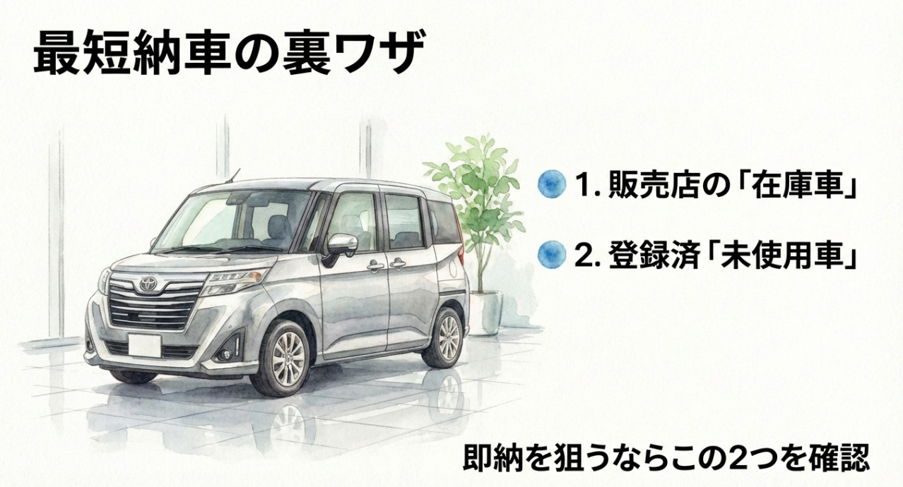 ルーミーを最短で納車する方法を示すスライド。販売店の在庫車と登録済未使用車を確認するのが即納のコツと説明している