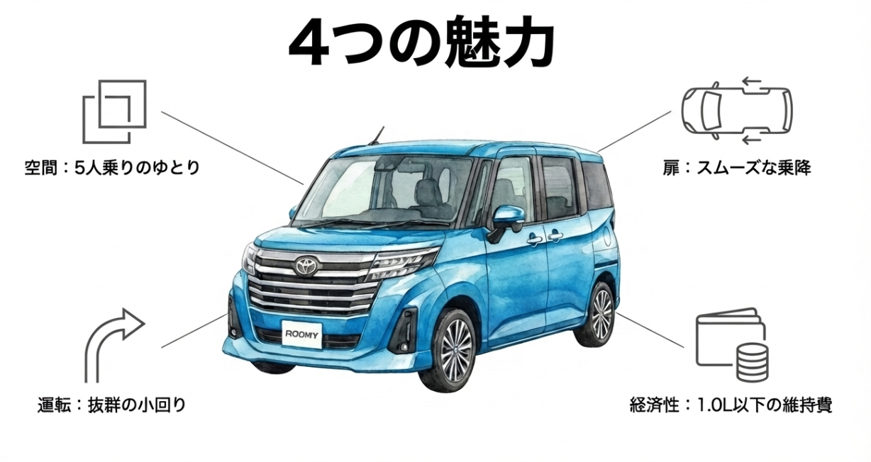 ルーミーの魅力を空間、乗降性、小回り、維持費の4点でまとめた図