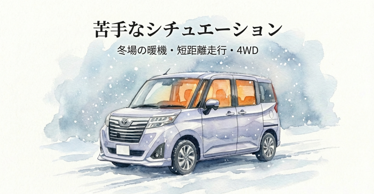 ルーミーの燃費が悪化しやすい条件を示すスライド（冬場の暖機・短距離走行・4WD）