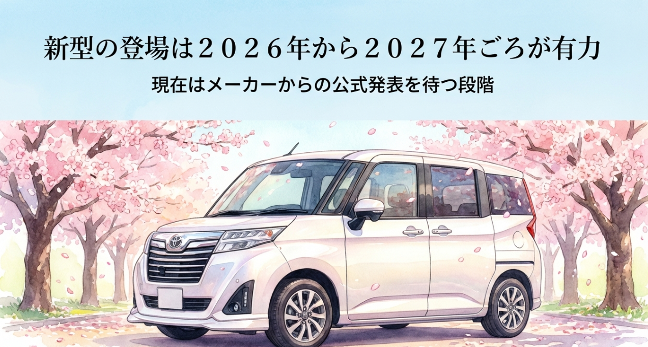 ルーミーのフルモデルチェンジは2026年から2027年ごろが有力で、現時点ではメーカーの公式発表待ちであることを示すスライド