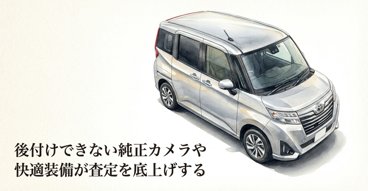 後付けできない純正カメラや快適装備が査定額を押し上げることを示すスライド。上から見た白いルーミーのイラスト入り