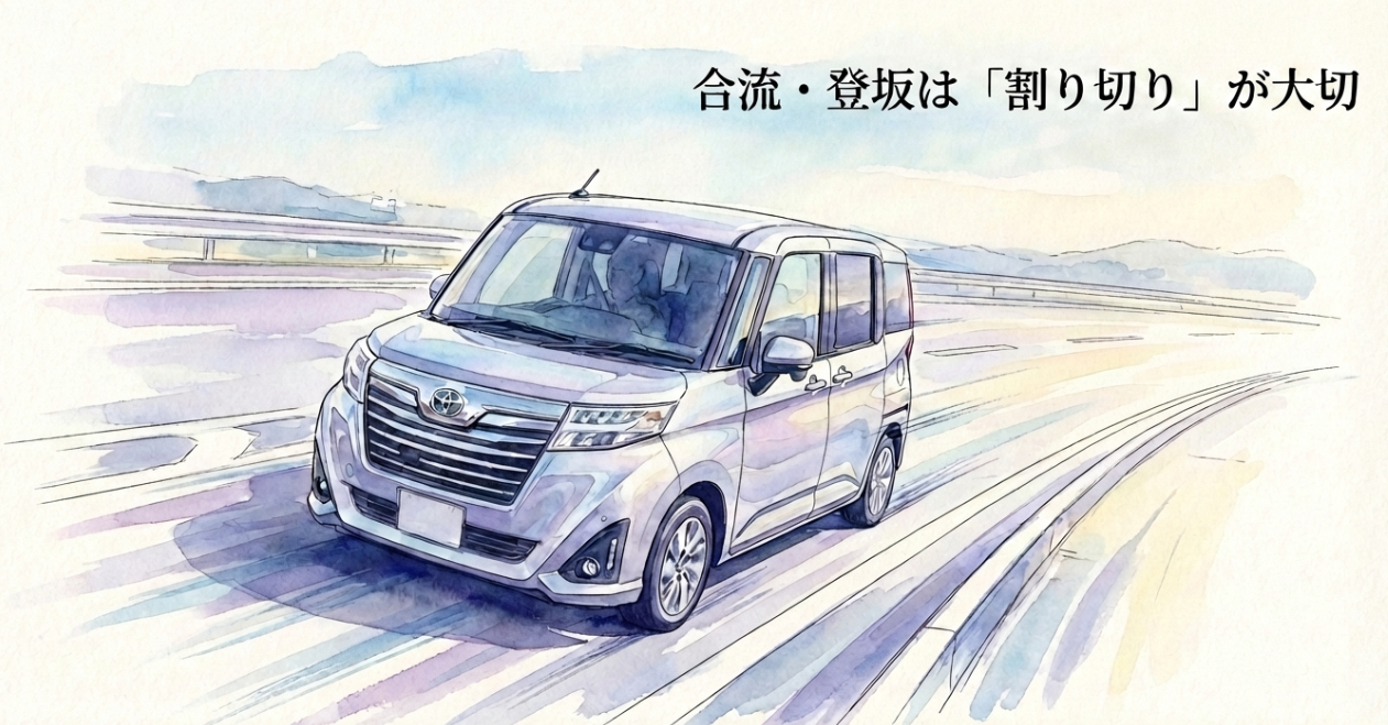 ルーミーの高速道路での合流や登坂では、無理な加速を避けて割り切った速度管理が大切であることを示すスライド