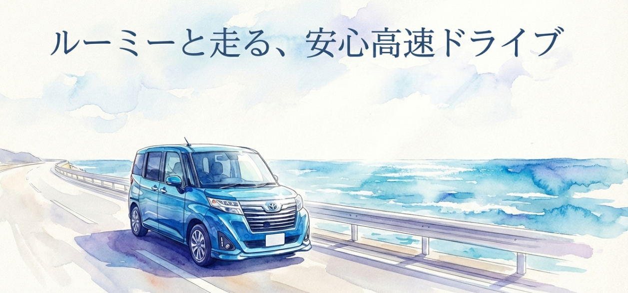 ルーミーの高速走行の不安対策を解説する記事の表紙スライド。高速道路を走るルーミーのイラスト