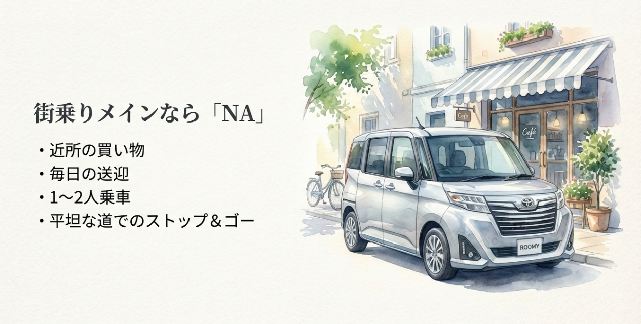 街乗り中心ならルーミーはNAモデルが向いていることを説明するスライド。買い物、送迎、1〜2人乗車、平坦路の利用が箇条書きで示されている。