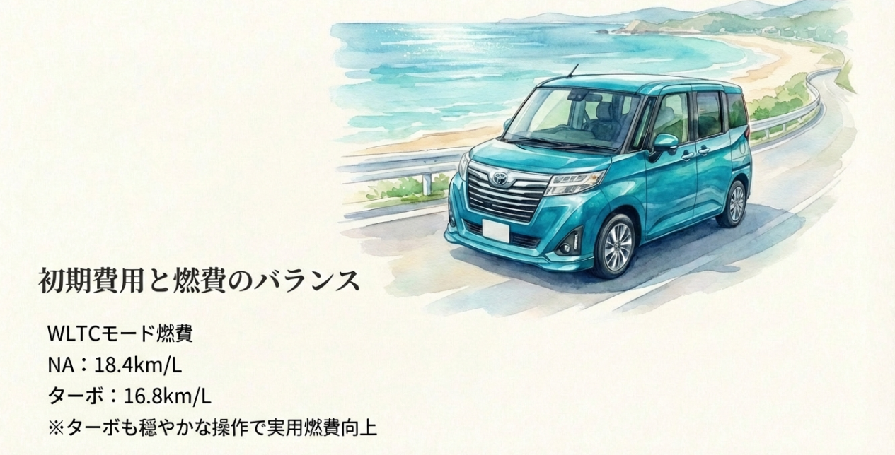 ルーミーのNAとターボの燃費比較を示すスライド。WLTCモード燃費はNAが18.4km/L、ターボが16.8km/Lで、穏やかな運転の重要性も記載されている。