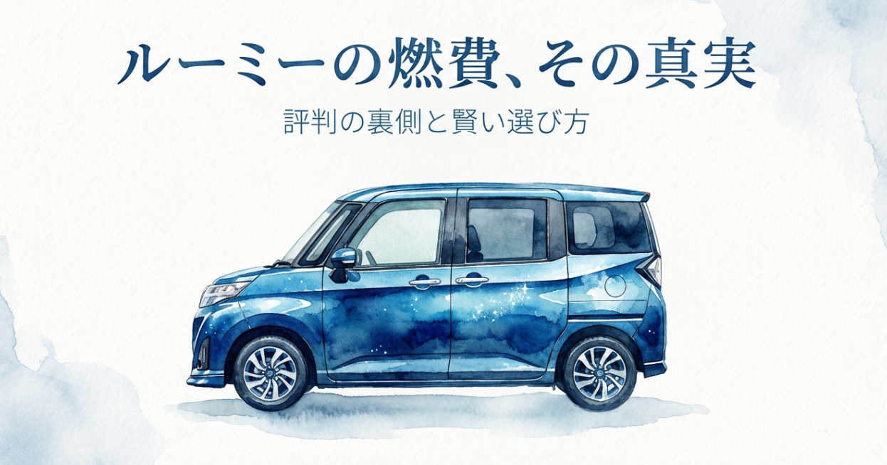 ルーミーの燃費の真実と賢い選び方をテーマにした表紙スライド（青いルーミーのイラスト）
