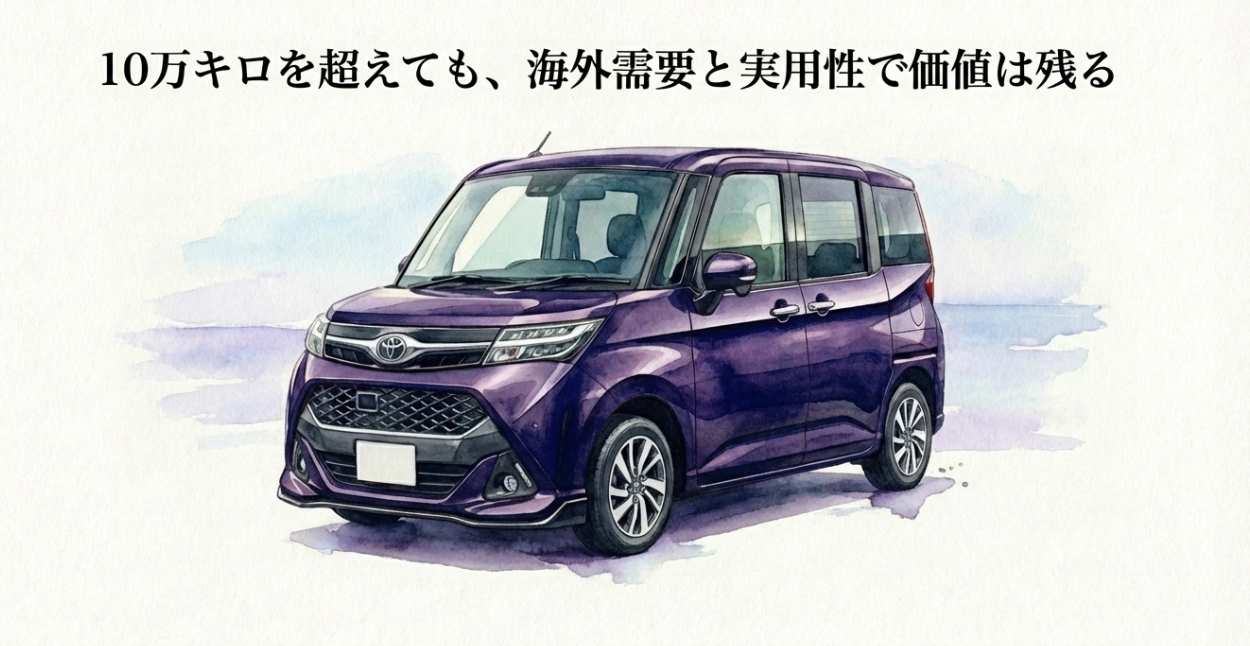 10万キロを超えても海外需要と実用性で価値が残ることを示すスライド。紫色のルーミーのイラスト入り