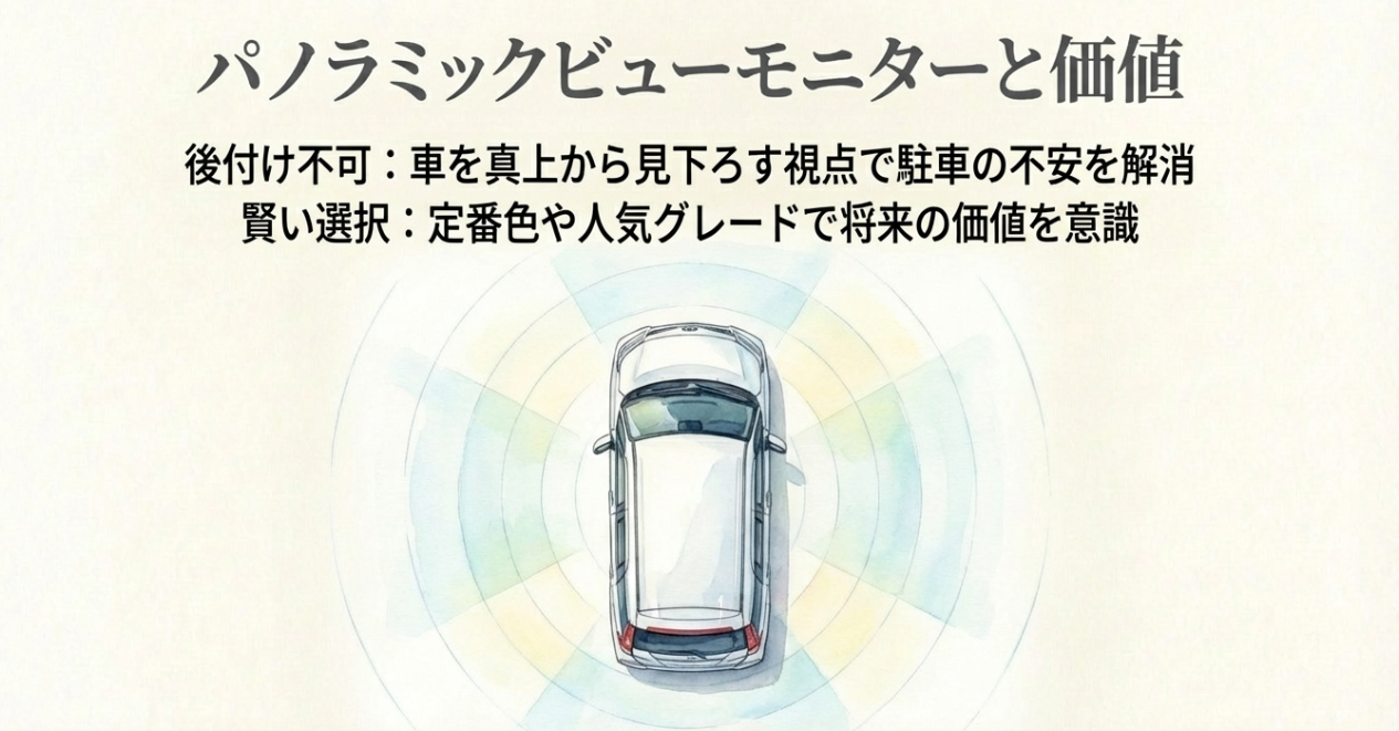 ルーミーのパノラミックビューモニターの価値を説明するスライド。真上から見下ろす映像で駐車時の不安軽減や将来の価値を意識した選び方を紹介