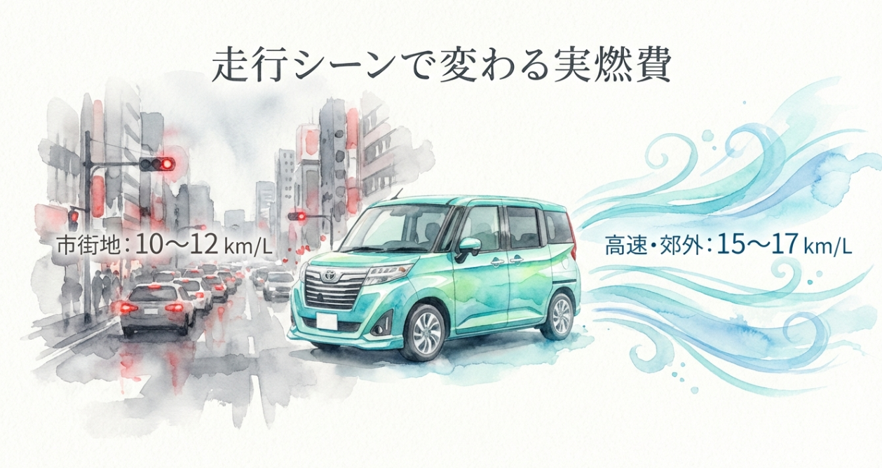 ルーミーの実燃費の目安を走行シーン別に示したスライド（市街地10〜12km/L、高速・郊外15〜17km/L）