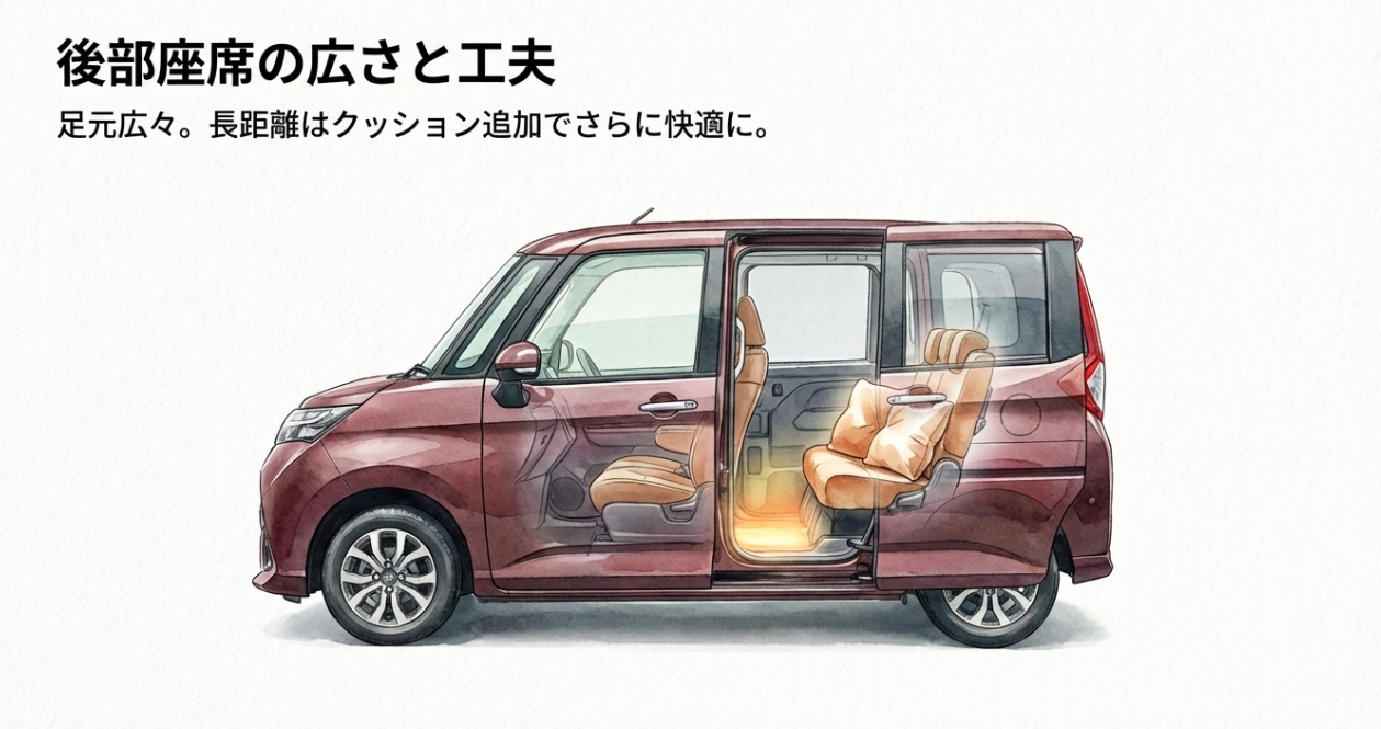 ルーミーの後部座席の広さと快適化の工夫を示すスライド。足元のゆとりがあり、長距離ではクッション追加が有効であることを表現している