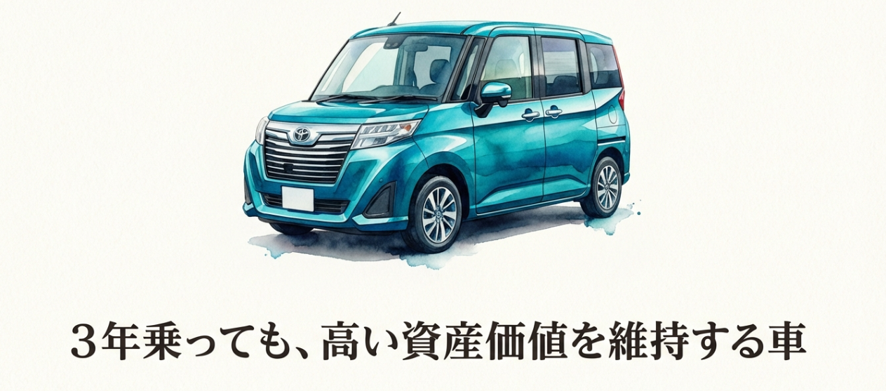 3年乗っても高い資産価値を維持する車としてルーミーを紹介するスライド。青緑色のルーミーのイラスト入り