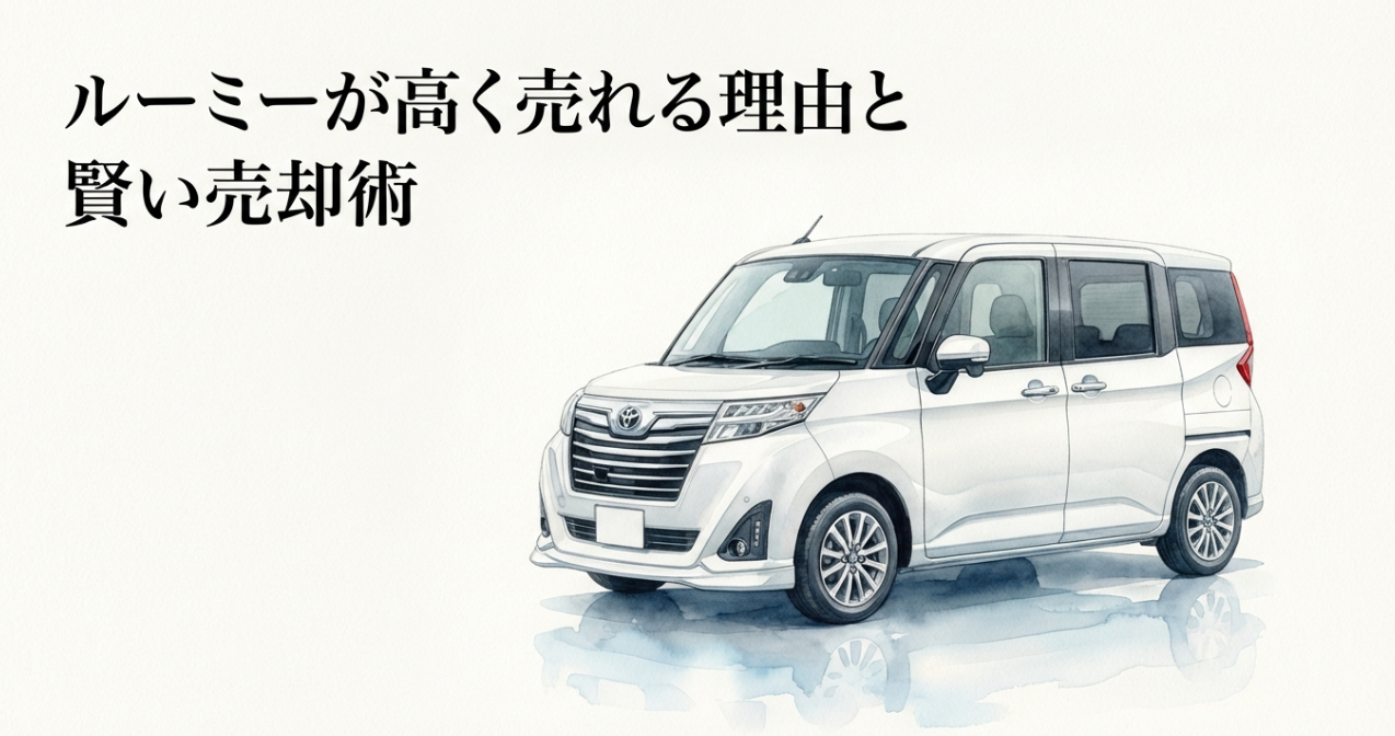 ルーミーが高く売れる理由と賢い売却術をテーマにした表紙スライド。白いトヨタ・ルーミーのイラスト入り
