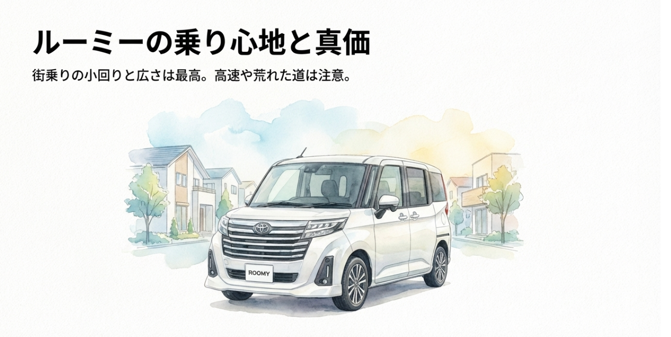 ルーミーの乗り心地と真価をまとめた表紙スライド。街乗りの小回りと広さに優れる一方、高速道路や荒れた道では注意が必要な特徴を示している