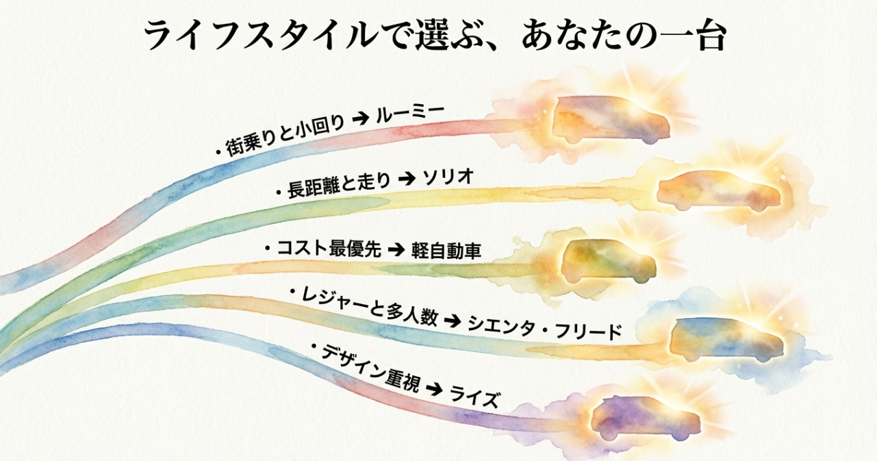 ライフスタイル別にルーミー・ソリオ・軽自動車・シエンタ・フリード・ライズの選び方を整理したスライド