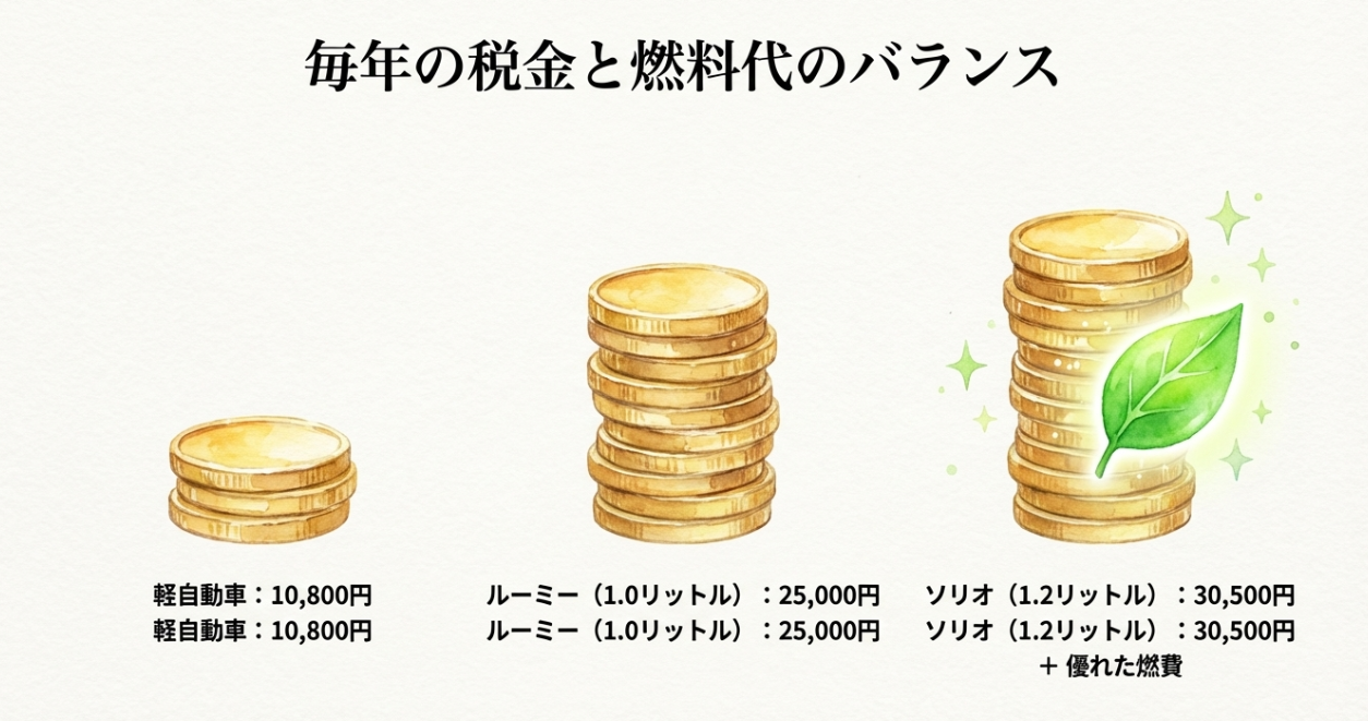 軽自動車とルーミーとソリオの税金と燃料代のバランスを比較したスライド