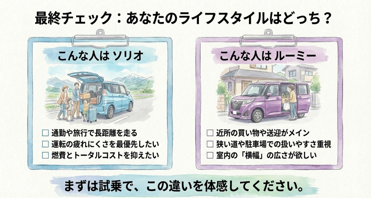 あなたに合うのはどっち？ソリオとルーミーのライフスタイル別チェックリスト