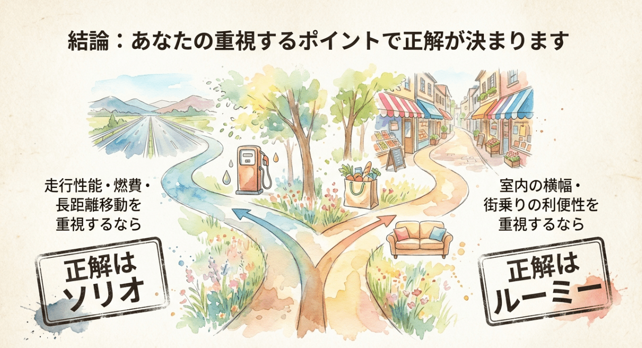 ルーミーとソリオの選び方結論：走行性能・燃費重視ならソリオ、室内幅・街乗り重視ならルーミー