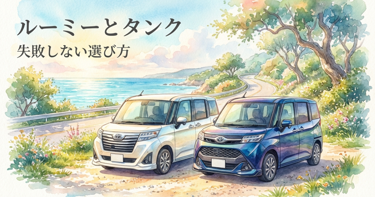 ルーミーとタンクの選び方をテーマにした表紙画像。海沿いの道を背景に白いルーミーと青いタンクが並んでいる