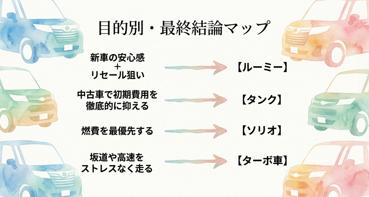 目的別の選び方を示す最終結論マップ。新車とリセールならルーミー、中古のコスパならタンク、燃費重視ならソリオ、坂道や高速重視ならターボ車と整理されている