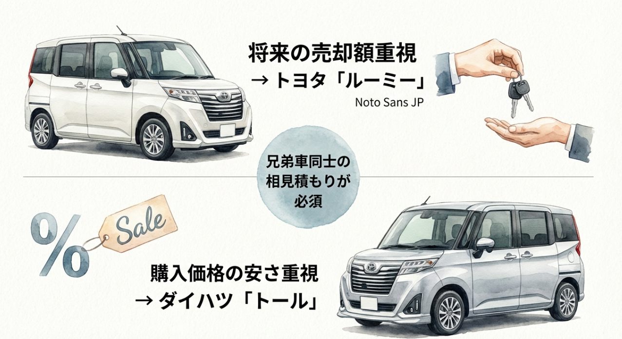 ルーミーとトールの最終的な選び分けをまとめた比較図。将来の売却額重視はルーミー、購入価格の安さ重視はトール、兄弟車同士の相見積もりが重要と示している