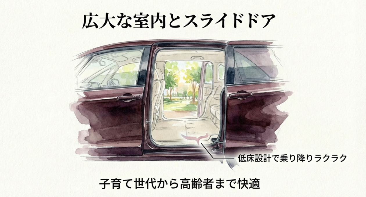 ルーミー・トールの広い室内空間とスライドドアの使いやすさを示すイラスト。低床設計で乗り降りしやすく、子育て世代や高齢者にも快適であることを表現