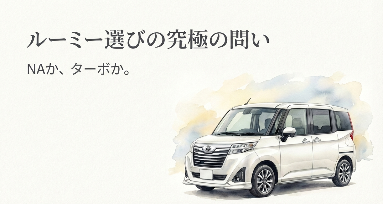 ルーミーのNAモデルとターボモデルの選び方をテーマにした導入スライド。白いルーミーのイラストと「NAか、ターボか。」という見出し。
