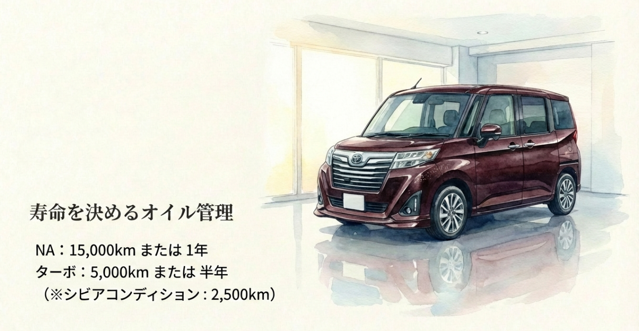 ルーミーのNAとターボで異なるオイル交換目安を示したスライド。寿命を左右するメンテナンス管理の重要性がわかる内容。