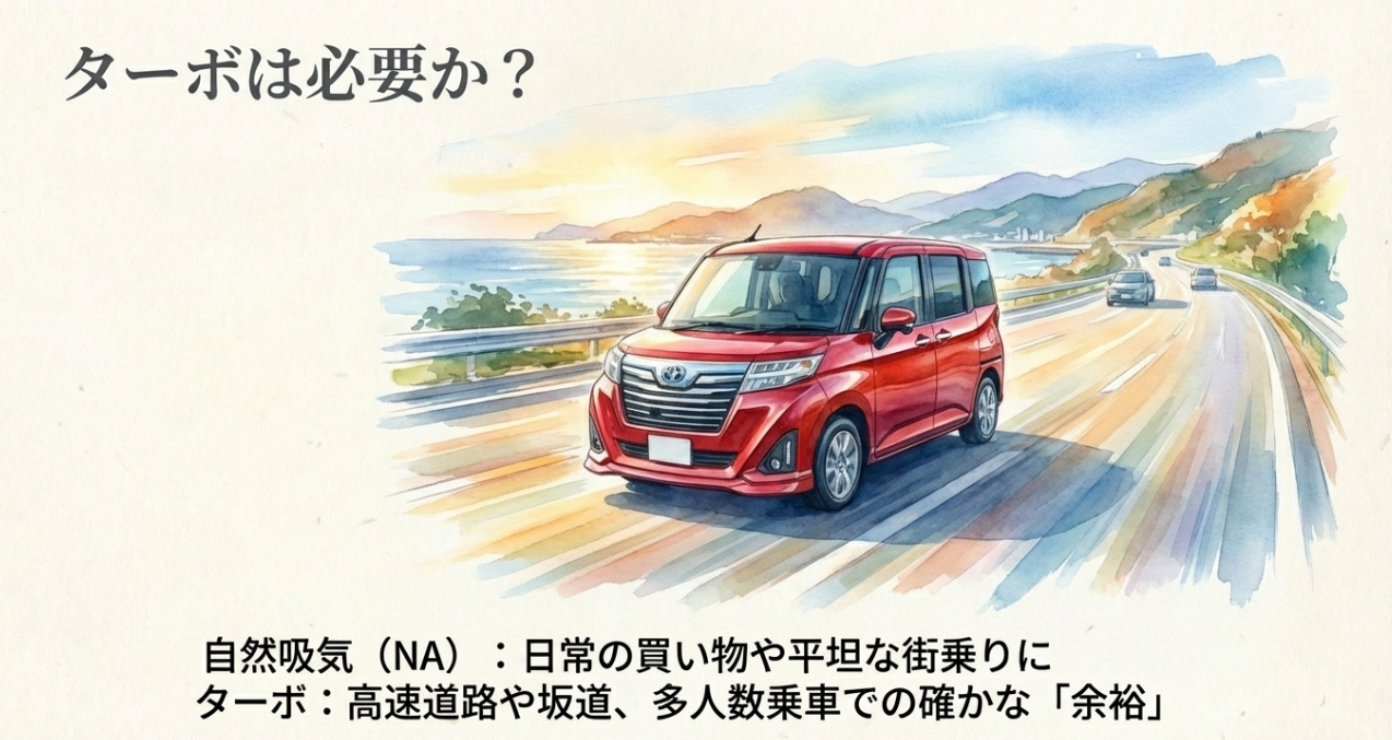 ルーミーの自然吸気エンジンとターボ車の違いを比較したスライド。街乗り向きのNAと高速道路や坂道で余裕のあるターボを説明