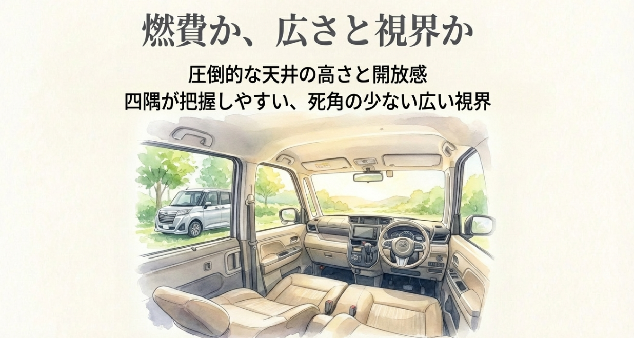 ルーミーの室内の広さと視界の良さを表現したスライド。天井の高さや見晴らしの良さ、死角の少なさを訴求
