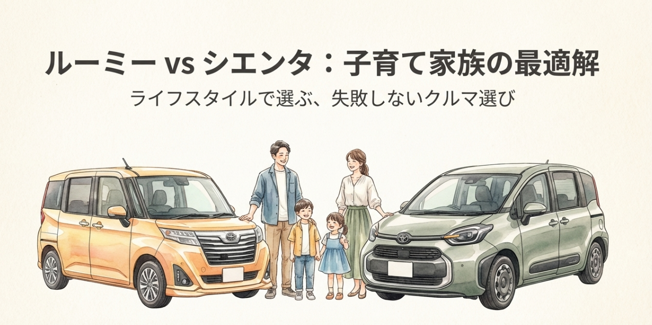 ルーミーとシエンタを子育て家族の視点で比較する表紙スライド。2台の車と家族のイラスト