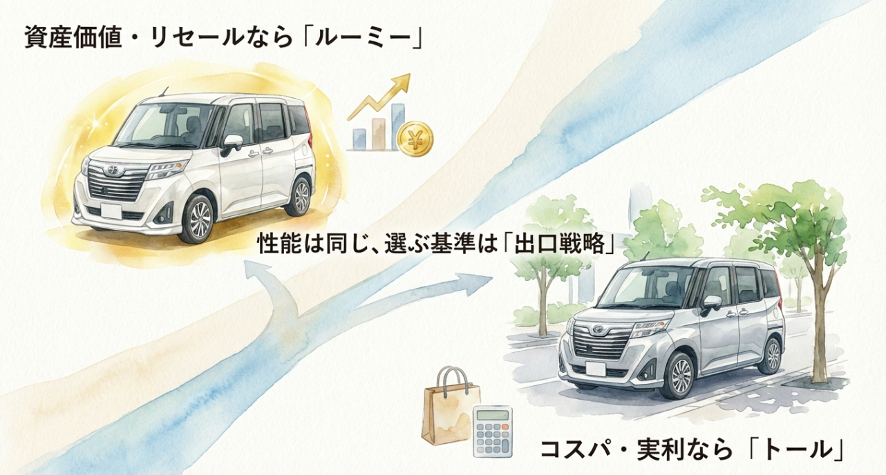 ルーミーとトールの選び方を比較した図。資産価値・リセール重視はルーミー、コスパ・実利重視はトール、性能差より出口戦略が判断基準であることを示すイラスト