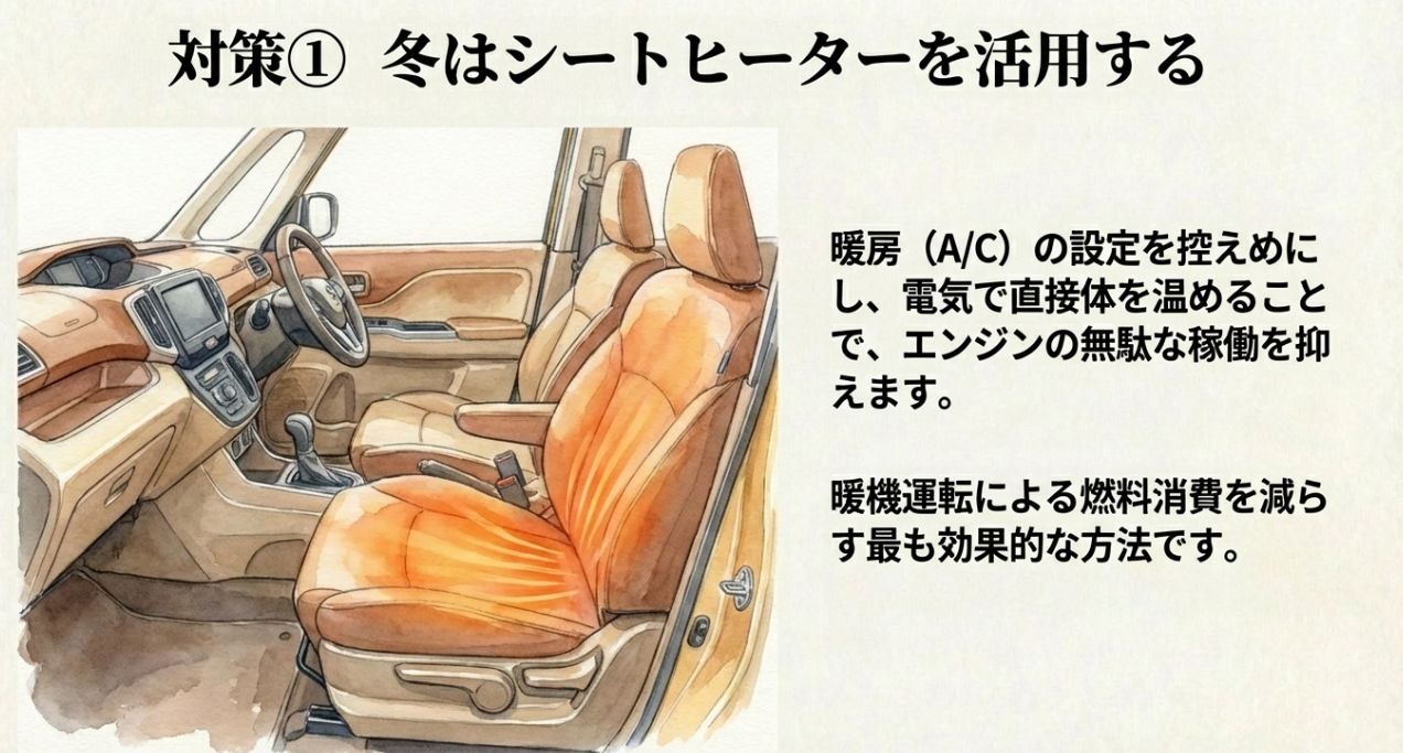 シートヒーターを活用して暖房の設定を控え、エンジンの無駄な稼働を抑える対策