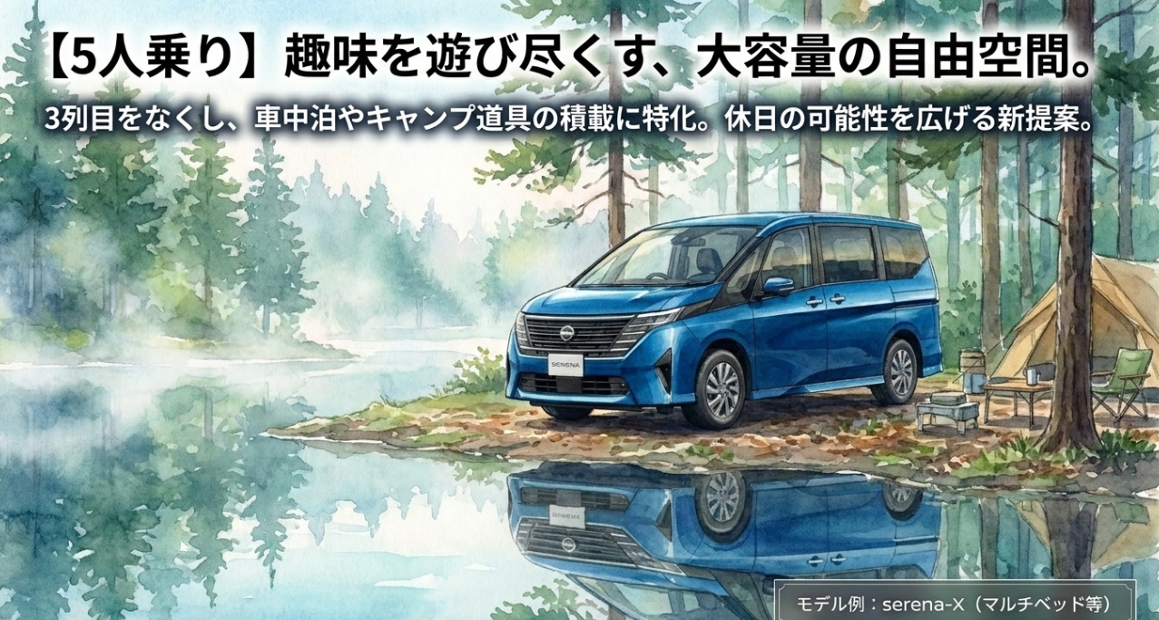 5人乗りセレナが車中泊やキャンプ向けの大容量空間に適していることを示すスライド