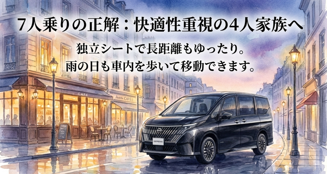 セレナの7人乗りが快適性を重視する4人家族に向いており、独立シートと車内移動のしやすさが魅力であることを示すスライド
