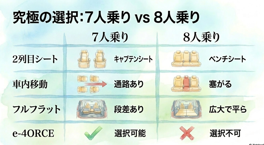 セレナの7人乗りと8人乗りを2列目シート、車内移動、フルフラット、e-4ORCE対応で比較するスライド