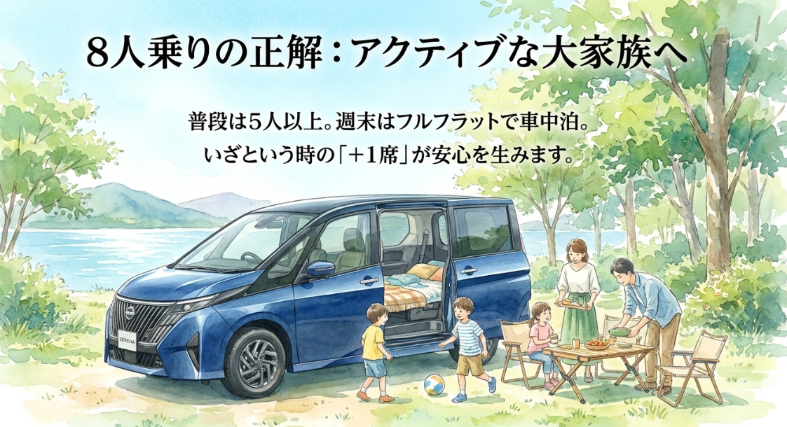 セレナの8人乗りが普段5人以上で乗る家族や車中泊を楽しむアクティブな大家族に向いていることを示すスライド